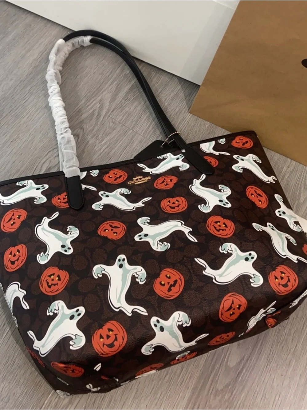 Coach Brown Tote with White Ghosts & Orange Pumpkins